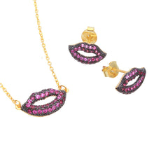 Load image into Gallery viewer, Sterling Silver Gold Plated Pink CZ Lips Jewlery Sets