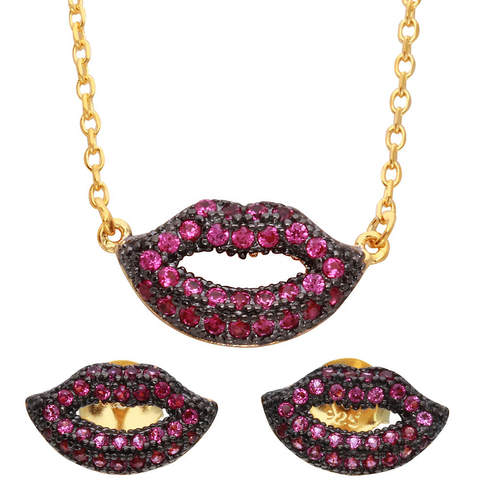 Sterling Silver Gold Plated Pink CZ Lips Jewlery Sets