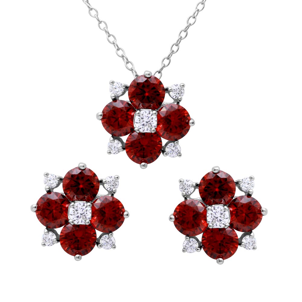 .925 Sterling Silver Rhodium Plated Red Ruby Flower CZ  Jewelry Earring Necklace Set