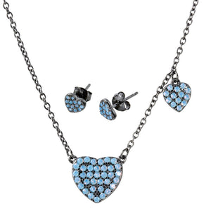 Sterling Silver Black Rhodium Plated Light Blue Opal Heart Jewelry Set- Black Rhodium