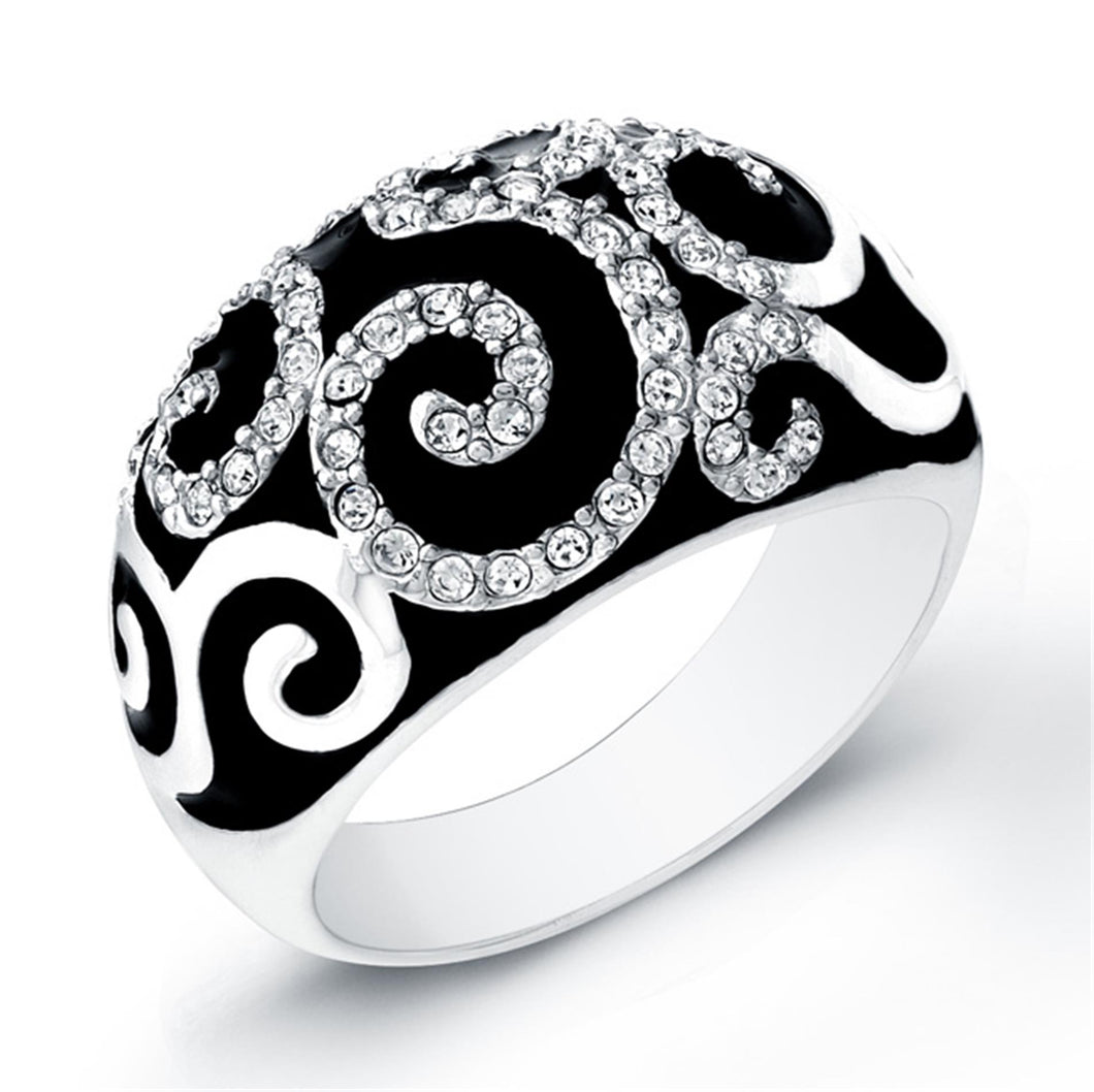 Sterling Silver Rhodium Plated with Black Enameled and Cubic Zirconia Ring