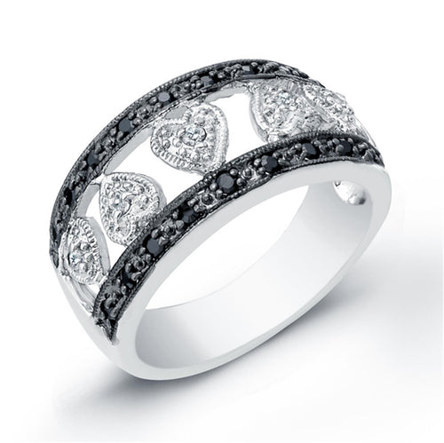 Sterling Silver Rhodium Plated with Black and White Cubic Zirconia Heart Ring