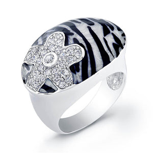 Sterling Silver Rhodium Plated with Striped Black and White Enameled Flower Ring