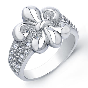 Sterling Silver Rhodium Plated and Cubic Zirconia Fleur De Lis Ring