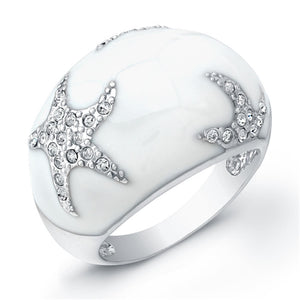 Sterling Silver Rhodium Plated with White Enameled and Cubic Zirconia Star Ring