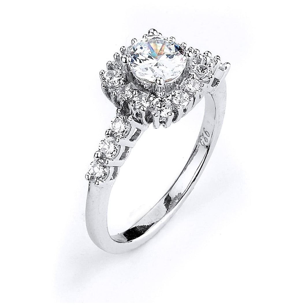 Sterling Silver Rhodium Plated and 5mm round Cubic Zirconia center stone Engagement Ring