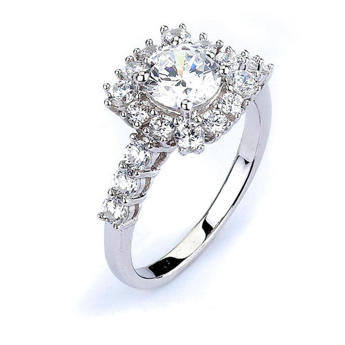 Sterling Silver Rhodium Plated and round Cubic Zirconia center stone Halo Engagement Ring