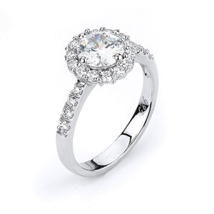 Sterling Silver Rhodium Plated and round Cubic Zirconia center stone Halo Engagement Ring