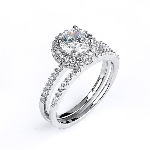 Sterling Silver Rhodium Plated and round Cubic Zirconia center stone Halo Engagement Ring