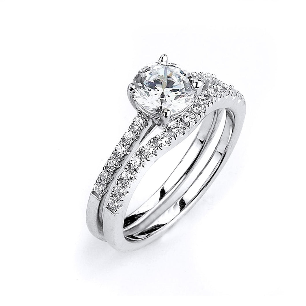 Sterling Silver Rhodium Plated and 6mm round Cubic Zirconia center stone Engagement Ring