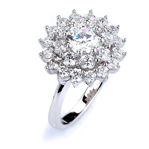 Sterling Silver and 7mm round Cubic Zirconia center stone Flower Ring
