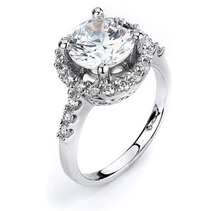 Sterling Silver Rhodium Plated and 10mm round Cubic Zirconia center stone Halo Engagement Ring