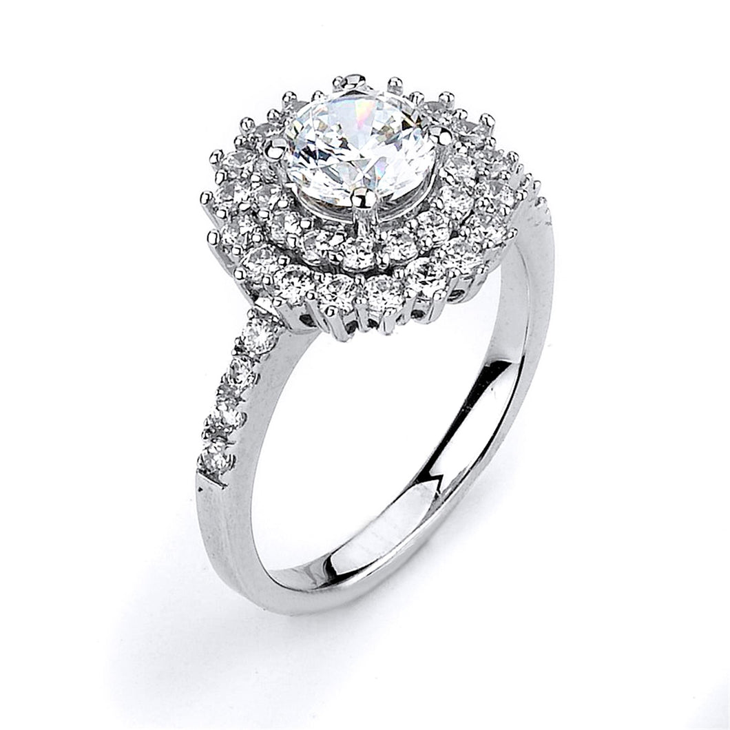 Sterling Silver Rhodium Plated and 6mm round Cubic Zirconia center stone Double Halo Engagement Ring