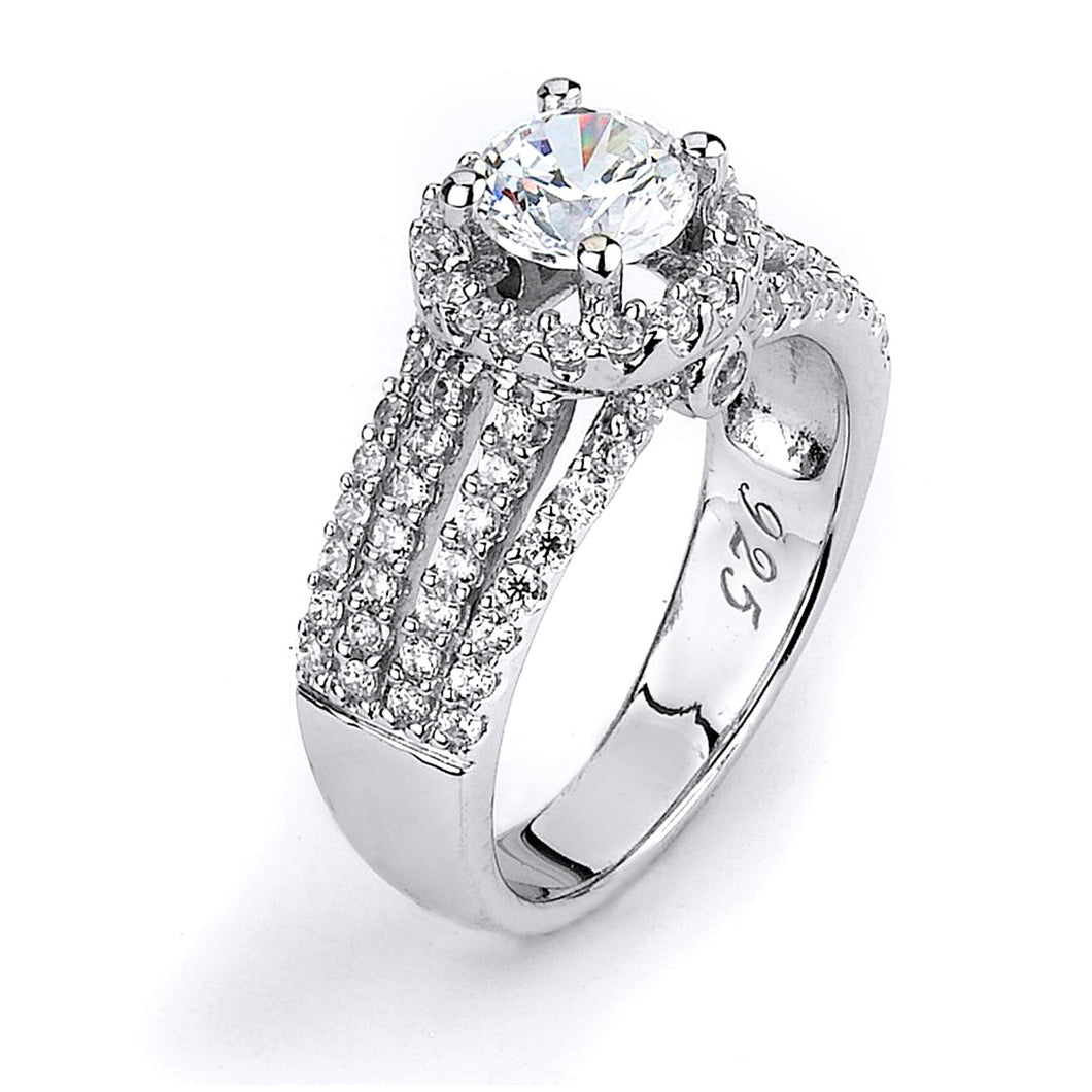 Sterling Silver and 6mm round Cubic Zirconia center stone Quadruple Shank Halo Engagment Ring