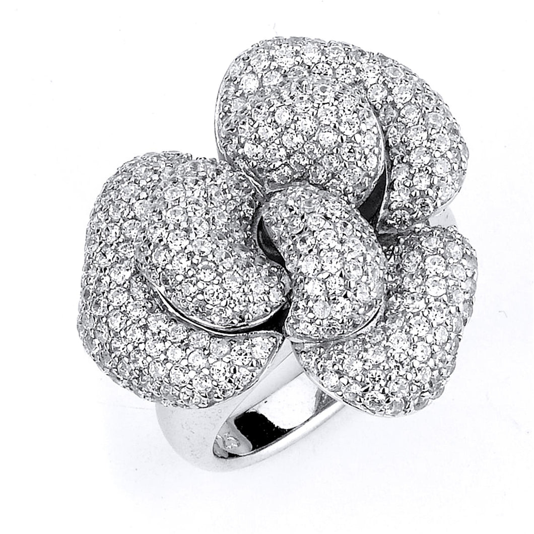 Sterling Silver Rhodium Plated and Cubic Zirconia Rose Ring