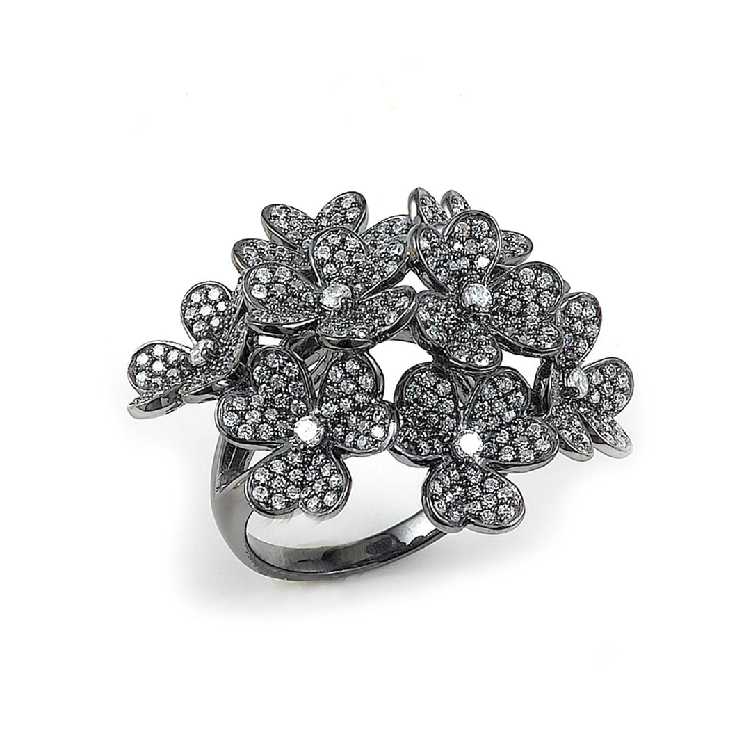 Sterling Silver Black Rhodium Plated and Cubic Zirconia Flowers Ring