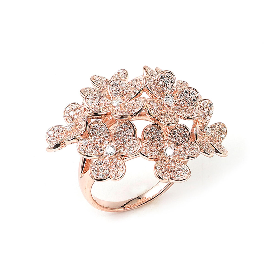 Sterling Silver Rose Gold Plated and Cubic Zirconia Flowers Ring