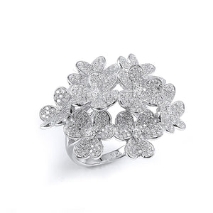 Sterling Silver Rhodium Plated and Cubic Zirconia Flowers Ring