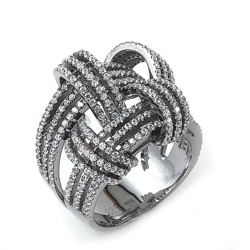 Sterling Silver Black Rhodium Plated and Cubic Zirconia Weave Basket Ring