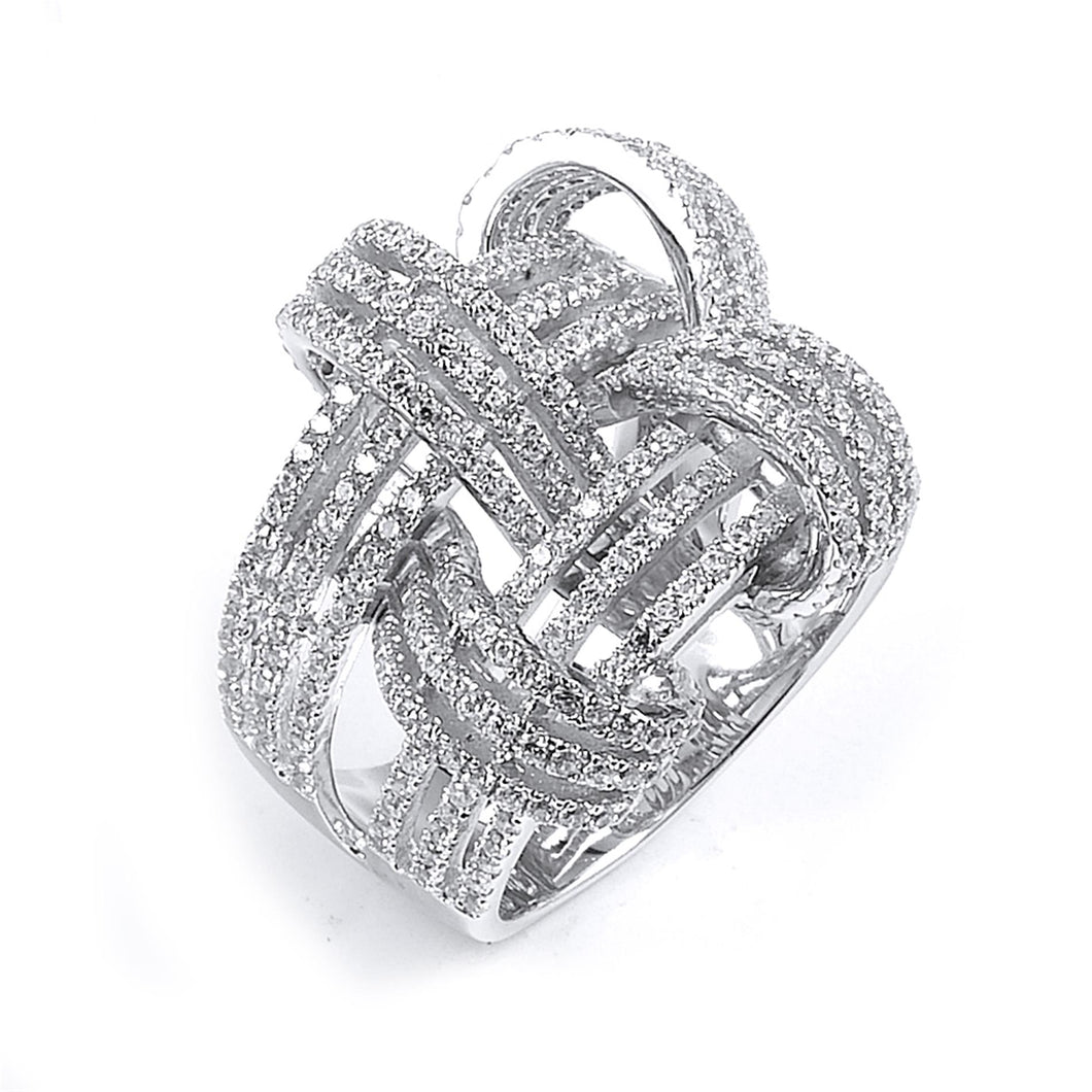 Sterling Silver Rhodium Plated and Cubic Zirconia Weave Basket Ring