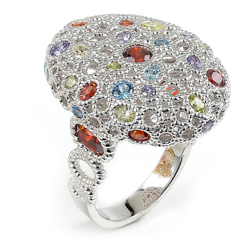 Sterling Silver Rhodium Plated and Multi-Color Cubic Zirconia Ring