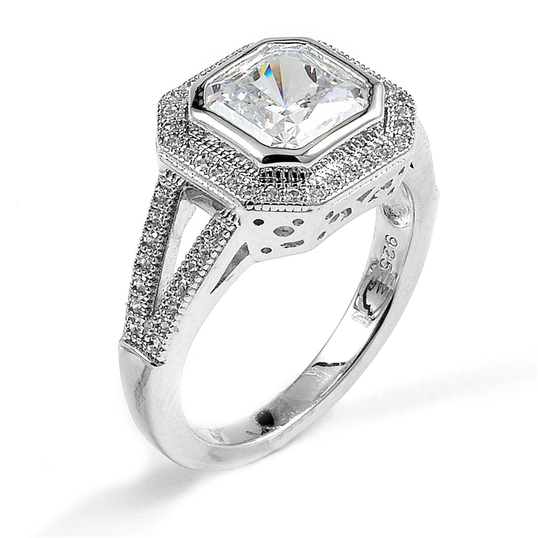 Sterling Silver Rhodium Plated and cushion cut Cubic Zirconia center stone Engagement Ring