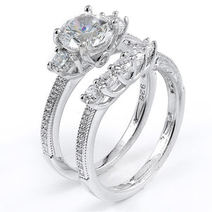 Sterling Silver Rhodium Plated and round Cubic Zirconia Three-Stone Wedding Set
