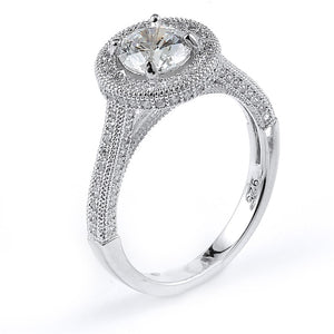 Sterling Silver Rhodium Plated and round Cubic Zirconia Halo Engagement Ring