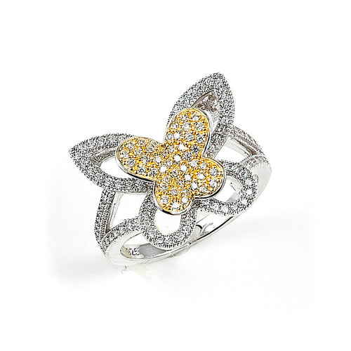 Sterling Silver Rhodium Plated with 14k Gold Plating and Cubic Zirconia Butterfly Ring