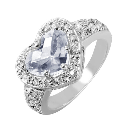 925 Sterling Silver Ladies Jewelry Clear Cubic Zirconia Center Heart Ring Width: 11.6mm