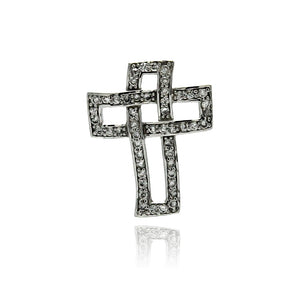 .925 Sterling Silver Rhodium Plated Open Crosst Cubic Zirconia Wire Hanging Pendant