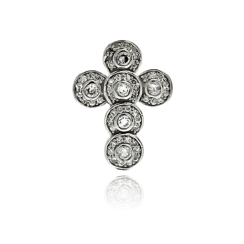 .925 Sterling Silver Rhodium Plated Round Cross Cubic Zirconia Dangling Pendant