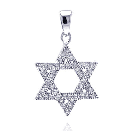 .925 Sterling Silver Rhodium Plated Open Hebrew Star Micro Pave Cubic Zirconia Dangling Pendant