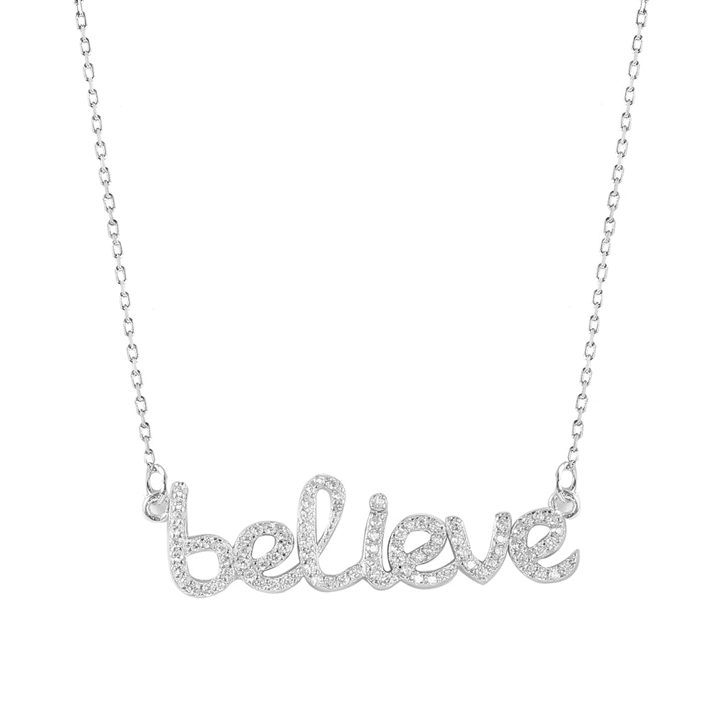 .925 Sterling Silver Rhodium Plated Believe  CZ Necklace 18 Inches