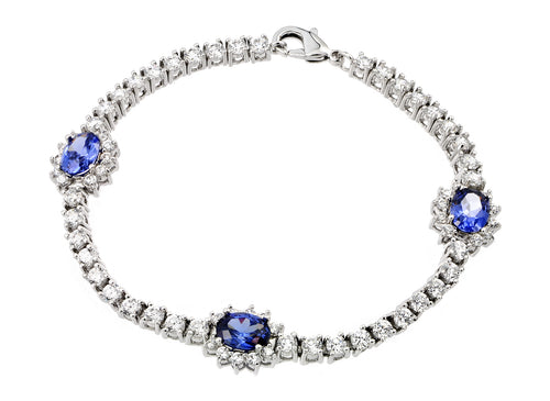 Brass Rhodium Plated Clear Blue Tanzinite Cubic Zirconia Tennis Bracelet