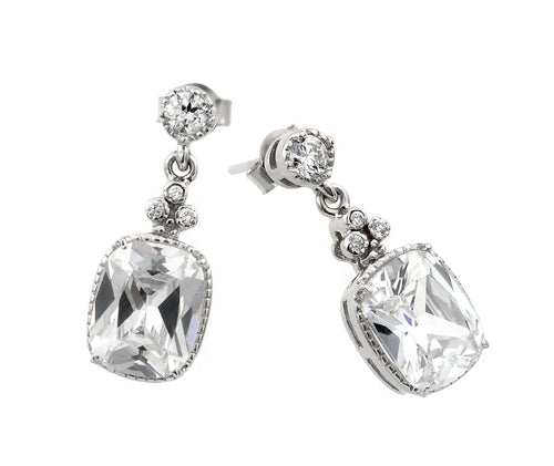 .925 Sterling Silver Rhodium Plated Square Clear  Cubic Zirconia Dangling Stud Earring