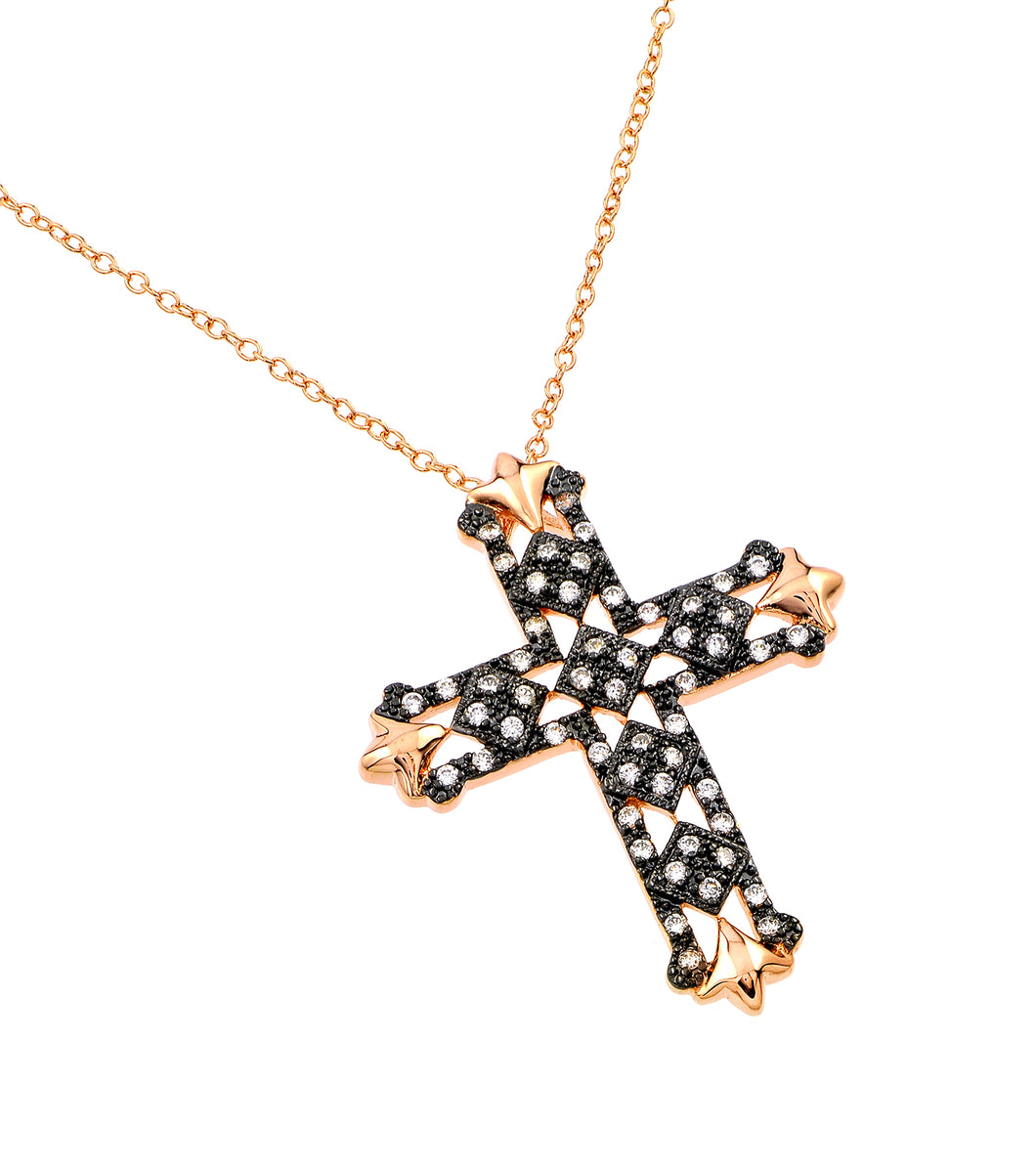 .925 Sterling Silver Rose Gold & Black Plated Clear Cross Cubic Zirconia Necklace 18 Inches
