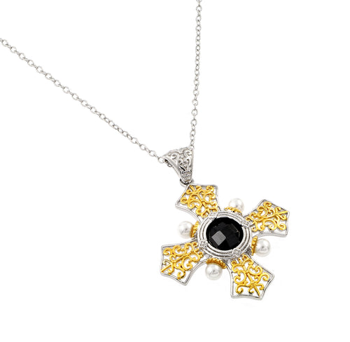 .925 Sterling Silver Rhodium and Gold Plated Box Cross with Black Cubic Zirconia