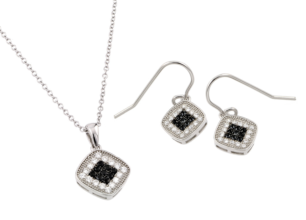 .925 Sterling Silver Rhodium Plated Black  Clear Micro Pave Square Cubic Zirconia Hook