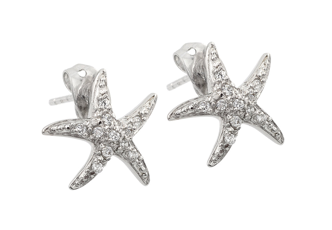 .925 Sterling Silver Rhodium Plated Starfish Cubic Zirconia Inlay Stud Earring