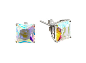 .925 Sterling Silver Rhodium Plated Square Aurore Boreale Light Glass Cubic Zirconia Stud Earring