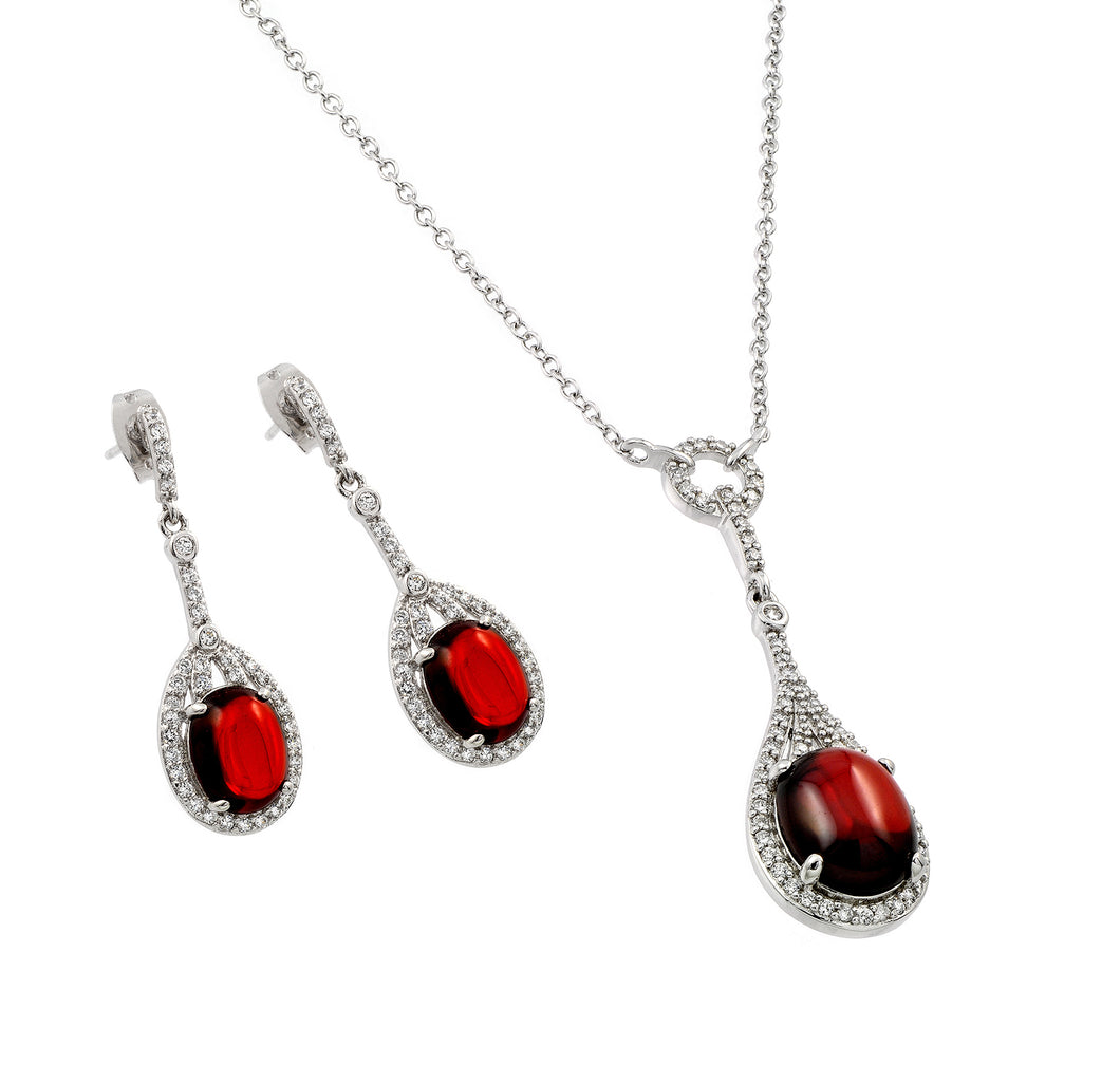 .925 Sterling Silver Rhodium Plated Oval Shaped  Red Garnet Cubic Zirconia Dangling Stud