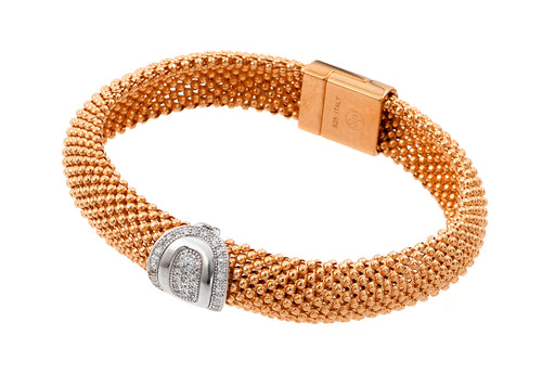 .925 Sterling Silver Rose Gold Plated Oval Micro Pave Clear Cubic Zirconia Beaded Italian Bracelet