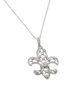 .925 Sterling Silver Rhodium Plated Open Fleur De Lis Cubic Zirconia Necklace 18 Inches