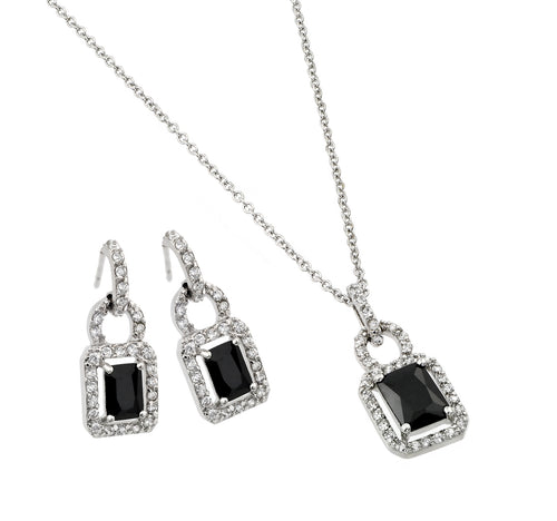 .925 Sterling Silver Rhodium Plated Black &  Clear Rectangle Cubic Zirconia Hook Earring