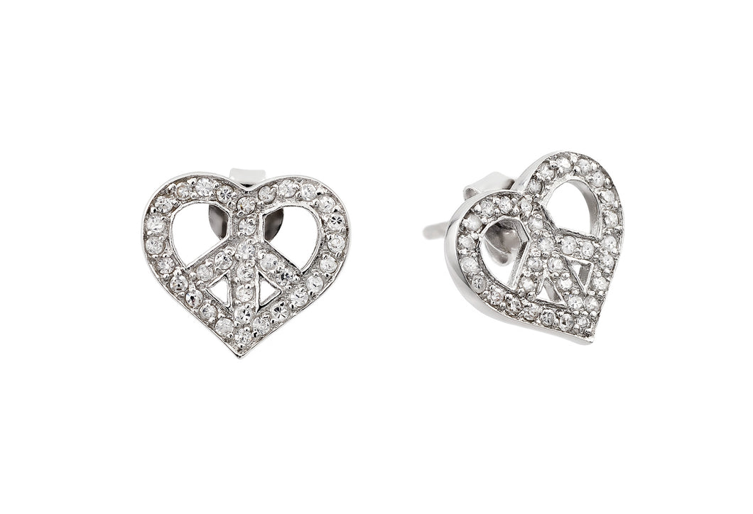 .925 Sterling Silver Rhodium Plated  Peace Heart Cubic Zirconia Stud Earring