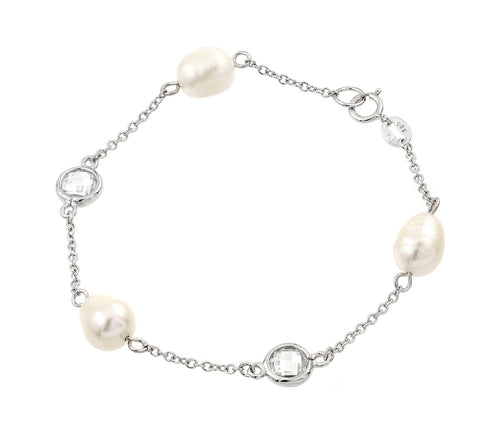 .925 Sterling Silver Rhodium Plated Multi Pearl Clear Cubic Zirconia Bracelet