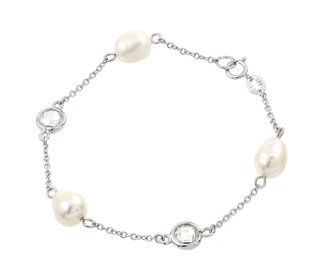 .925 Sterling Silver Rhodium Plated Multi Pearl Clear Cubic Zirconia Bracelet