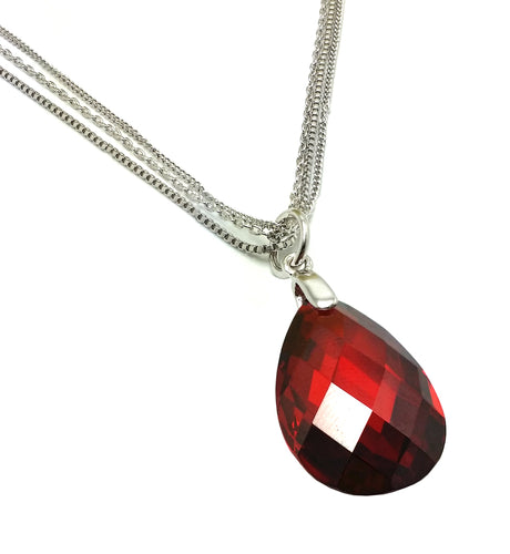 .925 Sterling Silver Rhodium Plated Red Teardrop Cubic Zirconia Wire Necklace 18 Inches