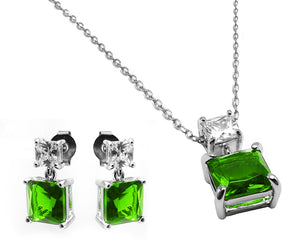 .925 Sterling Silver Rhodium Plated Square Created Peridot Earring Pendant  Necklace Set 18 Inch